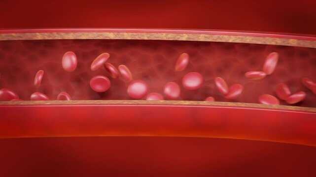 Red blood cells in an artery or blood vessel , flow inside body, medical human health-care. 3D Rendering.Blood cells in motion within an artery, showcasing scientific research, cardiovascular health