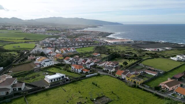 Aerial of Rabo de Peixe Village, Azores, Portugal