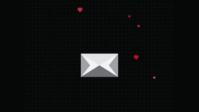 Envelop with floating hearts on black grid background