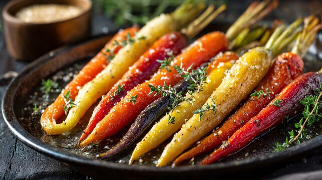 Roasted rainbow carrots glazed with honey and thyme arranged beautifully on a serving platter