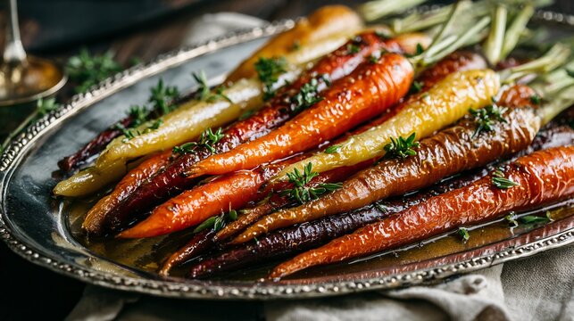 Roasted rainbow carrots glazed with honey and thyme arranged beautifully on a serving platter