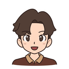Fototapeta premium Smiling young man avatar with brown hair, male character cartoon vector illustration isolated on white background.