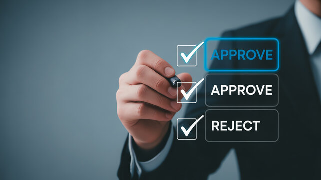 Hand interacting with digital approval and rejection buttons on a tablet screen finger