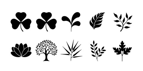 Fototapeta premium Clover Luck Nature Solid Black Vector Icon Set Minimal Leaf Symbol Collection