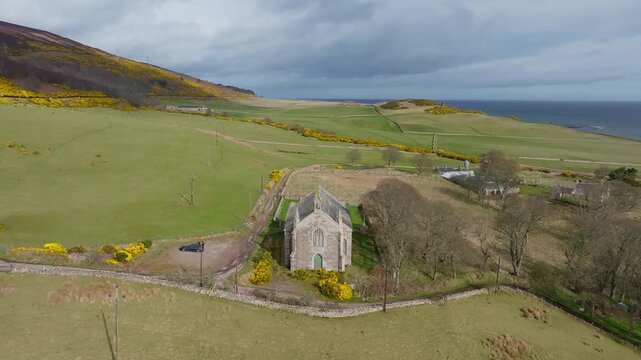 New Loth Burial Ground in Scotland with a moody highland landscape, Drone shot