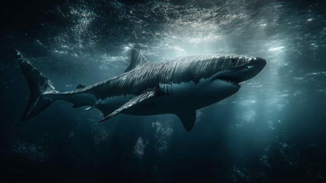 Large shark in deep ocean.