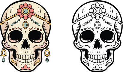 Fototapeta premium Day of Dead Illustration and outline set isolated on transparent background
