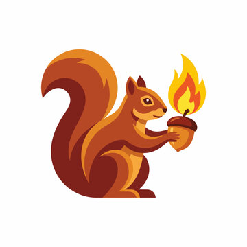 This unique logo features a cartoon squirrel holding an acorn with flames, symbolizing energy and playfulness, ideal for brands focusing on youthfulness, fun, and nature themes.