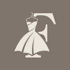 Logotipo de boutique de moda. Dibujo sencillo con líneas de un vestido con falda colgado de una percha con una letra F © teracreonte