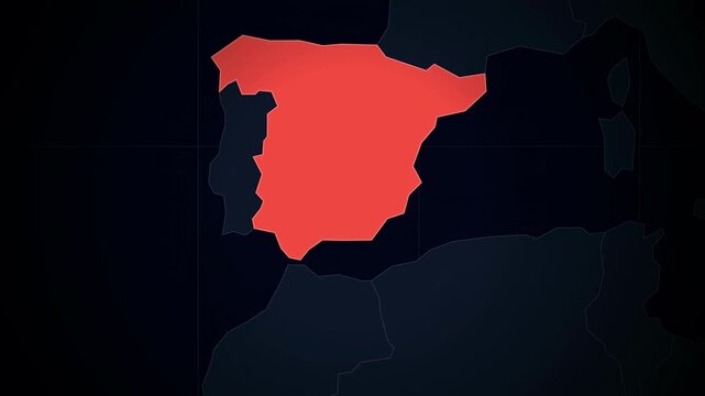 Red highlighted region of Spain on dark background map  