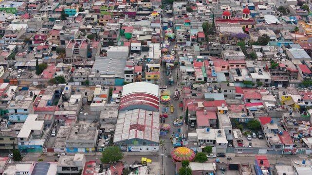 Aerial footage of community fair in urban area of Ecatepec
