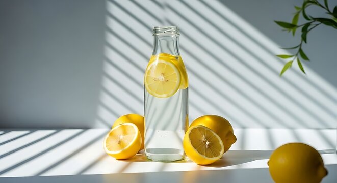 Minuman Air Infus Lemon Segar dalam Botol Kaca dengan Cahaya Estetik Alami
