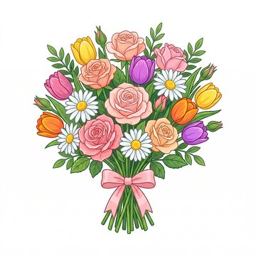 Beautiful bouquet of colorful roses tulips and white daisies tied together with a lovely soft pink ribbon for decoration
