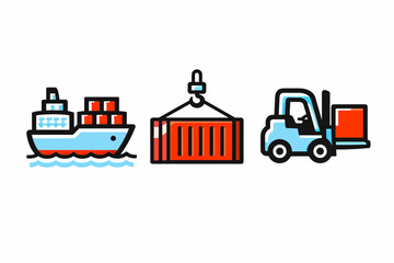 Naklejka premium Shipping and Logistics Icons Ship Container and Forklift Neobrutalism Neo-brutalism Vector Icon Flat