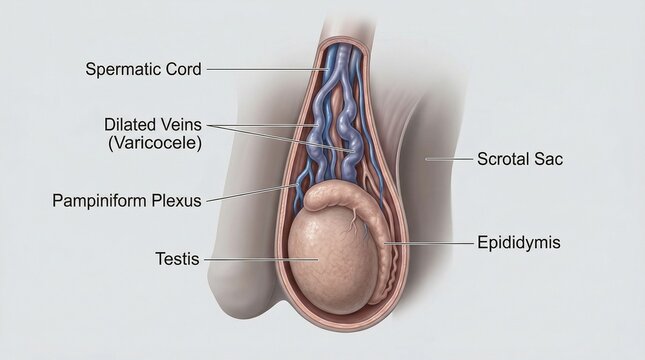Anatomical medical illustration showing the internal structure of a human testicle displaying the specific condition known as a varicocele vein