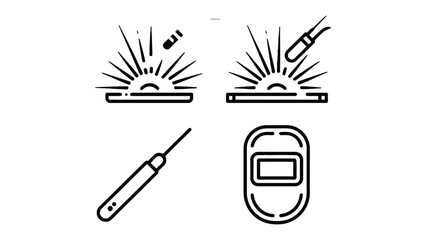 Welding Equipment Icons: A set of clean, minimalist icons depicts essential welding tools, including a mask, torch, sparks, showcasing the craft and precision of metalwork. © AJM