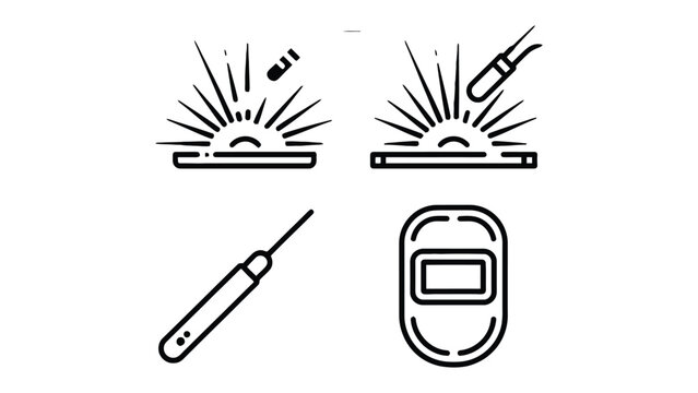 Welding Equipment Icons: A set of clean, minimalist icons depicts essential welding tools, including a mask, torch, sparks, showcasing the craft and precision of metalwork.