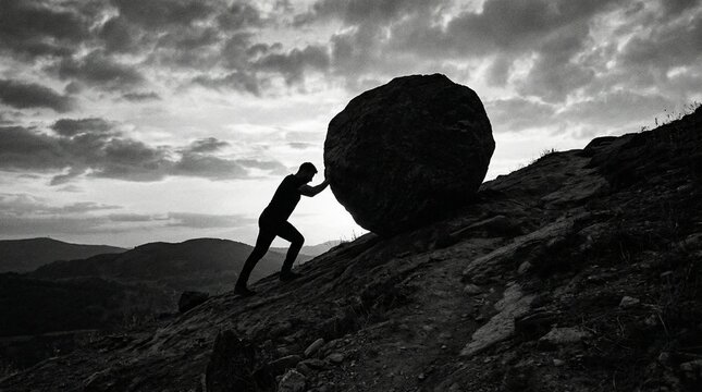 Man pushing a boulder up a hill on a cloudy day