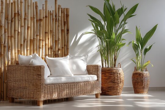 nature inspired living room look Cozy wicker sofa with leafy green plants.