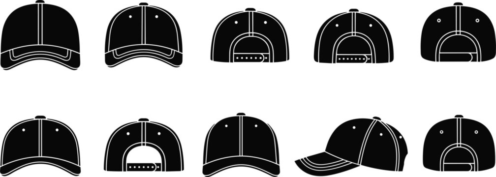 Black Baseball Cap Silhouette Vector Set Featuring Front Back Side And Top Views Of Sport Hat Mockup For Apparel Design Clothing Template And Headwear Graphic Designs