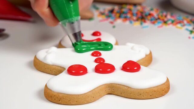 Hands are shown icing gingerbread cookies with different colors and patterns during holiday baking time