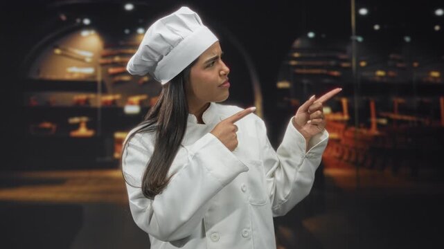 Young hispanic woman chef wearing a white coat and toque points index fingers to the right in a restaurant dining area; confidence.