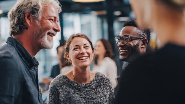 Colleagues share a lighthearted moment of laughter during an informal office conversation to foster team spirit and positive workplace culture.