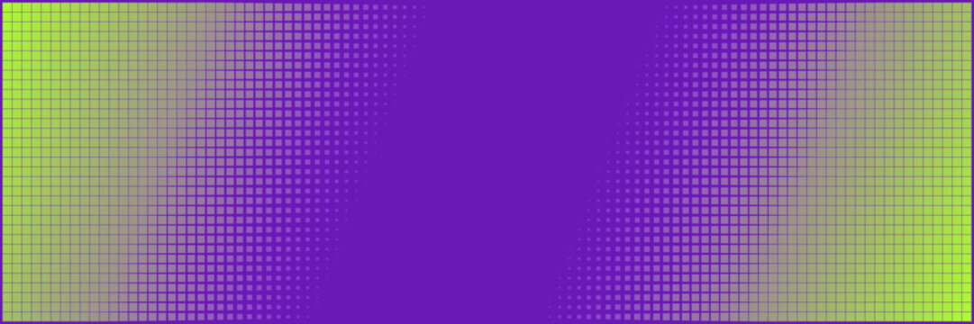 Retro Cyberpunk Halftone Grid Banner, Purple and Lime Green Synthwave Background