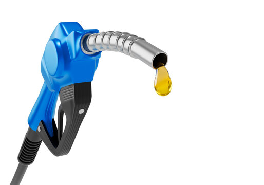 Blue fuel nozzle with a golden oil drop dripping, transparent background