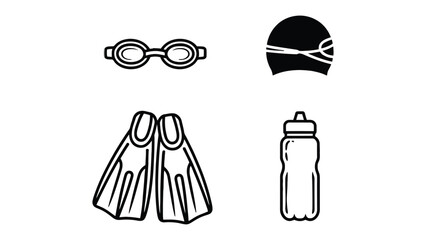 Swimming Gear Essentials: A collection of essential swimming accessories, including goggles, a swim cap, flippers, and a water bottle, representing preparation and activity © Nadim