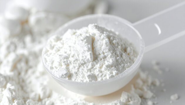 White powder supplement in plastic scoop. Hydrolyzed collagen, sodium benzoate and citric acid, health and wellness product