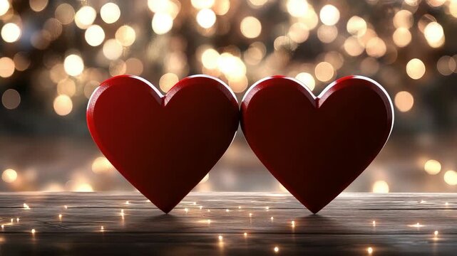 Two sets of red hearts are placed on a wooden table with soft lights shining in the background, creating a festive mood at night