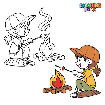 Cartoon Camping Kid Coloring Page &ndash; Outdoor Adventure Illustration with Black and White Outline for Kids Educational and Creative Learning