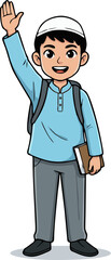 Fototapeta premium Smiling Muslim Boy Student Waving Hand Holding Book Wearing Backpack