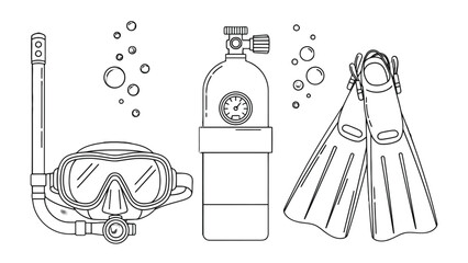 Dive Equipment: A simple linear illustration showcases essential diving equipment: a mask, snorkel, air tank, and flippers, highlighting preparation for an underwater exploration. © Mahbuba