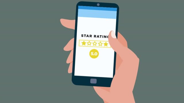 2d flat animation of hand holding mobile phone, rating, wrings a review given 5 stars as a sign of satisfaction, rating animation customer review, feedback rating system: hand tapping five.
