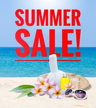 Summer sale banner with spa set and sunglasses over tropical beach background, spa and wellness promotion, health car industry, summer outdoor day light