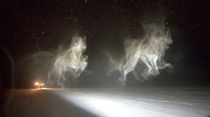 Fototapeta premium Ethereal ghostly white aurora tendrils weaving through dark starry night sky with glowing ground light