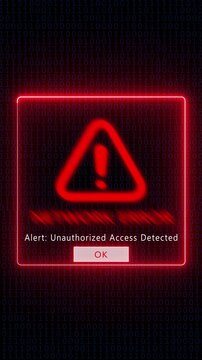 Network error alert with unauthorized access warning on digital binary code background, cyber security