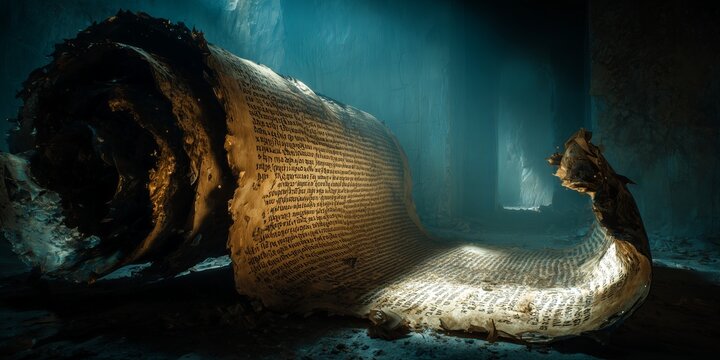 A large, ancient spell scroll with text, mystical symbols is partially unrolled on a dimly lit background. The haunting image evokes mystery, magic, and the allure of ancient legends.