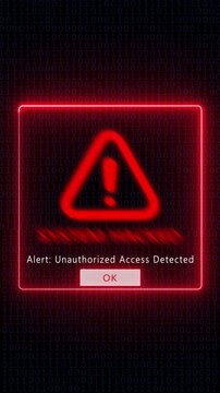 System hacked alert warning screen with binary code background, and red neon, cyber security breach notification