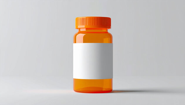 Orange plastic pill bottle with blank white label on a neutral background, clean medical product, pharmaceutical packaging. Close-up.