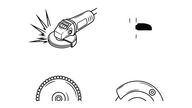 Illustration of Angle Grinder: A detailed illustration of an angle grinder, a power tool, showcasing its various parts and functionalities with precise lines and angles. 