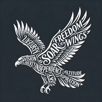 Flying Eagle Calligram Typography Design Representing Freedom and Independence on Dark Background