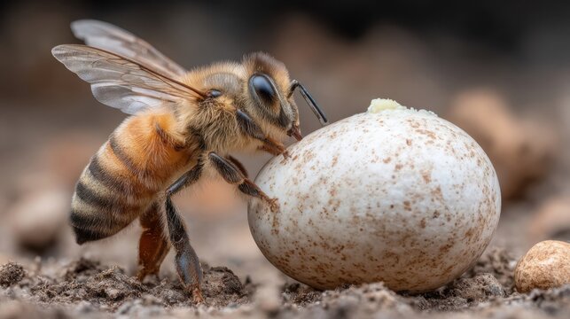 Worker honeybee diligently cleaning a delicate egg in its natural hive environment, showcasing vital care within the colony.