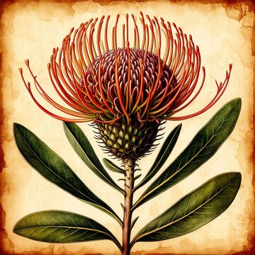 leucospermum, pincushion protea, botanical illustration, vintage style, exotic flower, south african flora, floral art, red flower, blooming, nature, detailed drawing, antique paper background, tropic