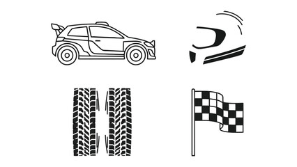 Racing Essentials: A dynamic composition showcasing the core elements of the sport – a racing car, a protective helmet, tire treads, and a checkered flag, all poised for the ultimate adrenaline rush. © AJM