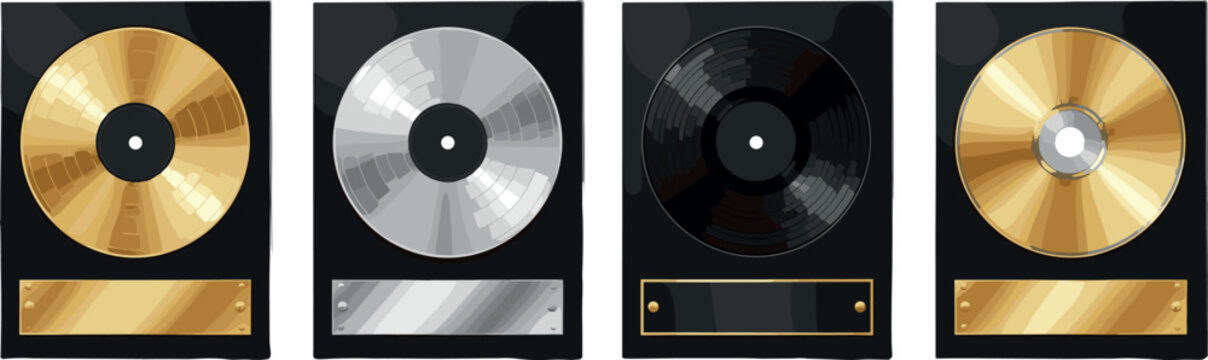 Music award plaques vector set featuring gold, silver and black vinyl record discs with nameplates isolated achievement illustration