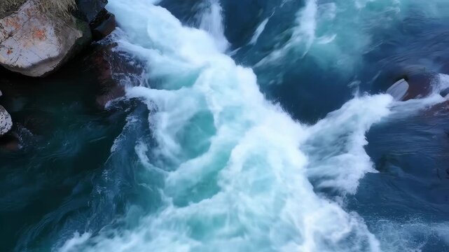 River powerful flow with white water rapids and rocks featuring stream, current, turbulent with natural and landscape elements for environment,