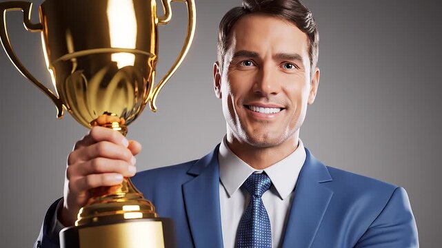 a cheerful 3D businessman in a formal blue suit holding up a golden trophy with excitement.